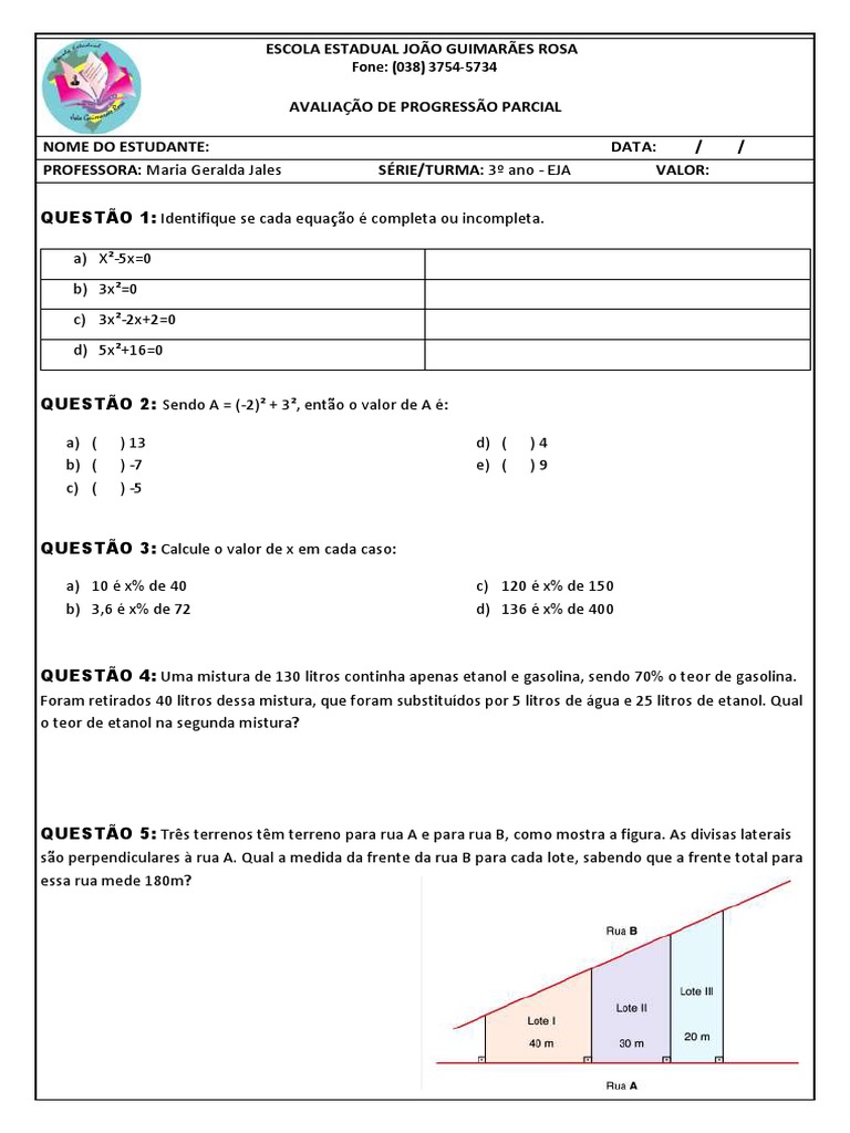 Avaliação de Progressão Parcial - 3º Ano | PDF | Equações | Matemática