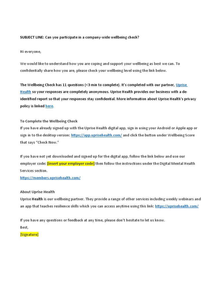 Company Wellbeing Check Invitation | PDF | Business | Self-Improvement