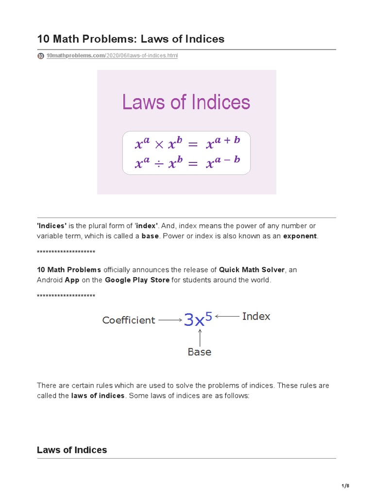 10 Math Problems Laws of Indices PDF