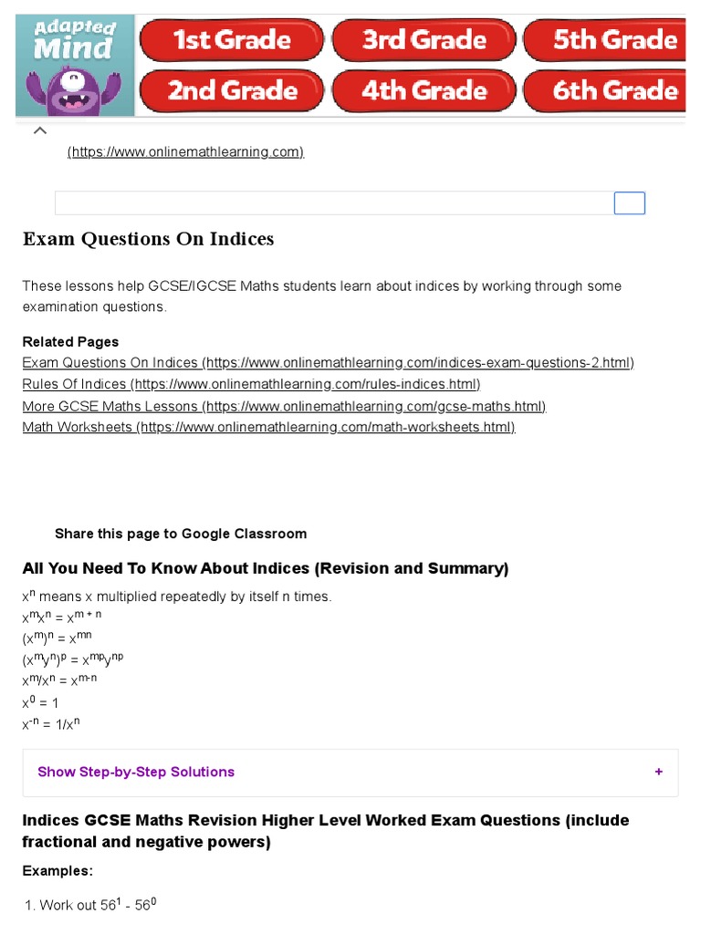 Exam Questions On Indices (Video Lessons, Examples, StepByStep