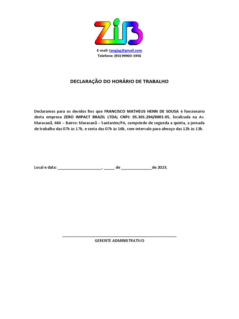 Declaração Do Horário de Trabalho | PDF
