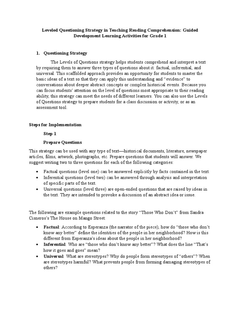 Level Questioning Strategy | PDF | Reading Comprehension | Cognition