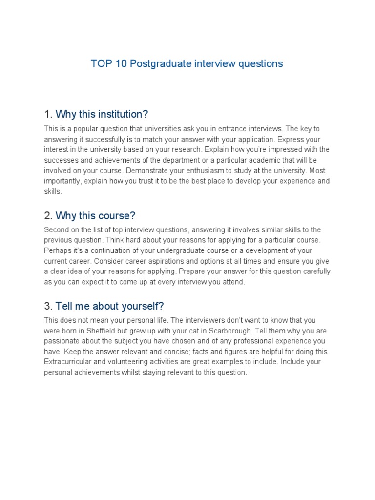 Top 10 Postgraduate Interview Questions PDF Question Postgraduate
