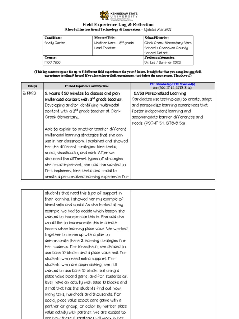 Shelly Carter Field Experience Log Itec7600 PDF Teachers Knowledge