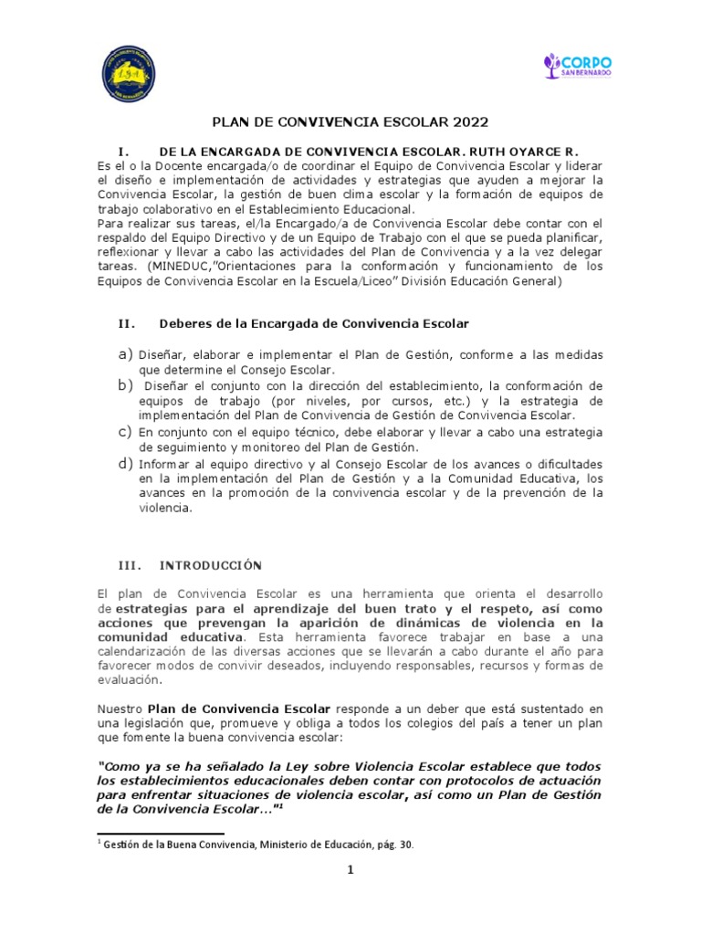 Plan de Convivencia Escolar 2022 | PDF | Violencia | Evaluación