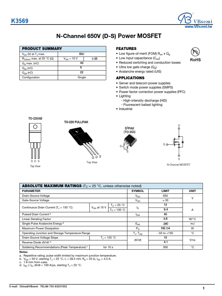 N-Channel 650V (D-S) Power MOSFET: Features Product Summary