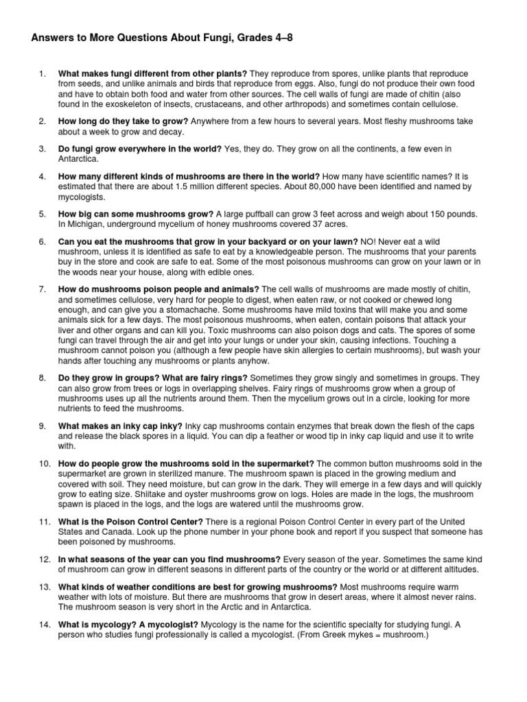 Answers To More Questions About Fungi PDF Fungus Mushroom