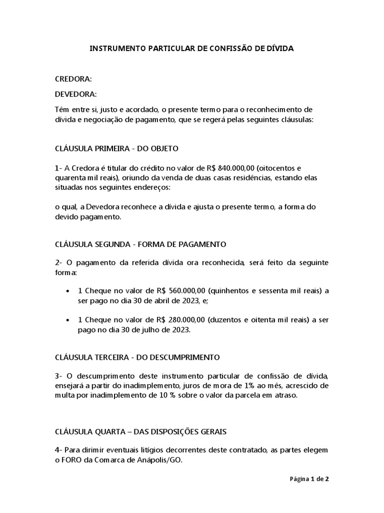 INSTRUMENTO PARTICULAR DE CONFISSÃO DE DÍVIDA Modelo | PDF