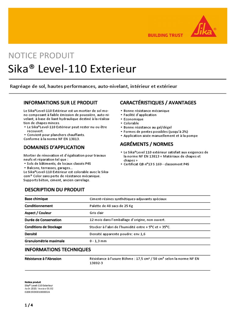 Les produits   Poudre et liant - Ragréage sol autonivelant  Sika Level-110 extérieur gris 25kg