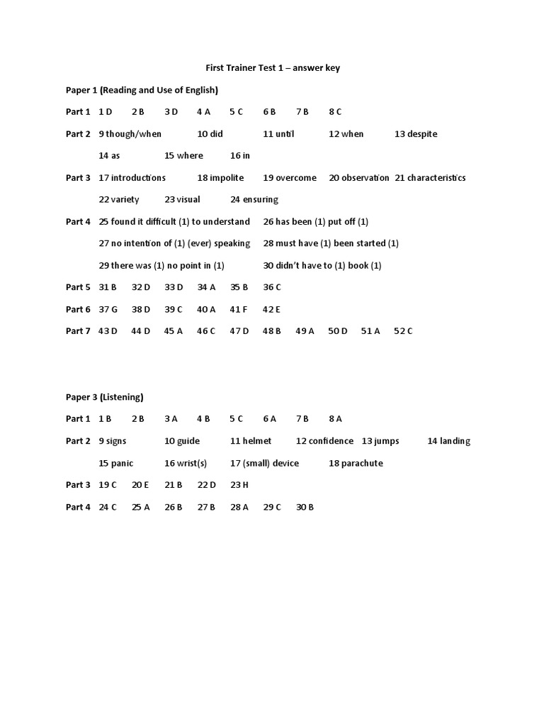 First Trainer Test 1 Answer Key | PDF | Teaching Methods & Materials