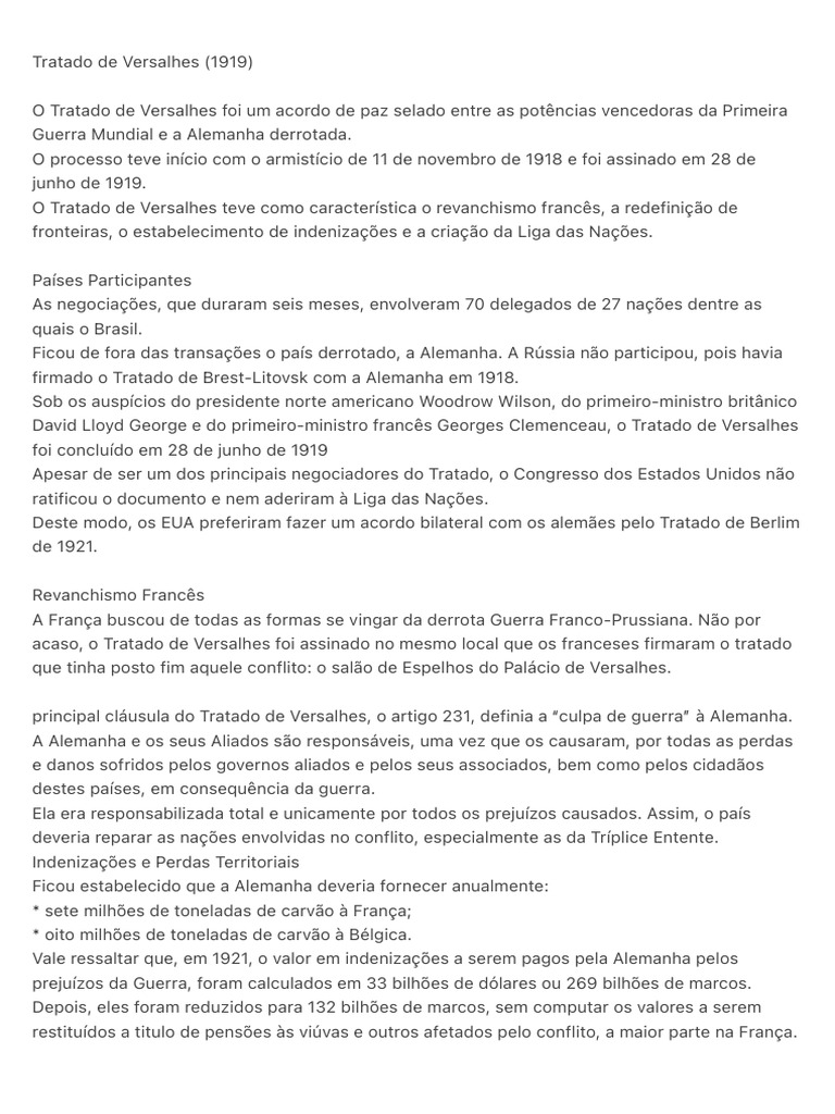 Tratado de Versalhes: Resumo e Impactos | PDF | Tratado de Versalhes ...