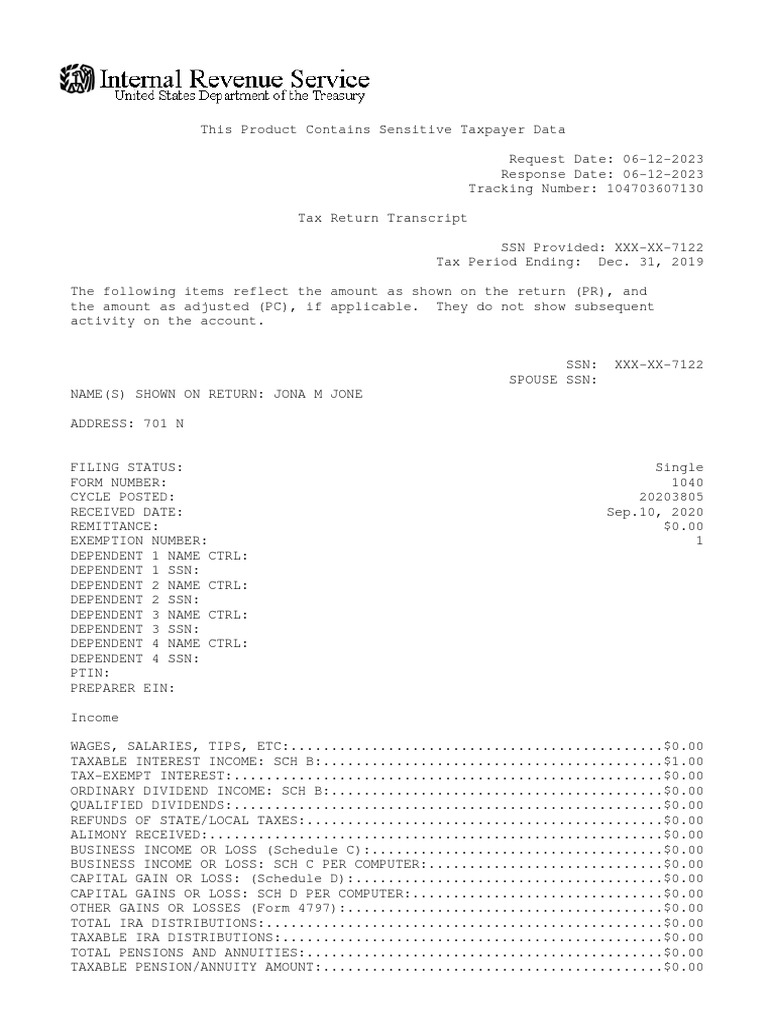 Tax Return Transcript 2019 | PDF | Business | Law