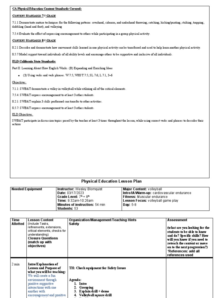 Volleyball lesson plan pdf lesson plan physical education