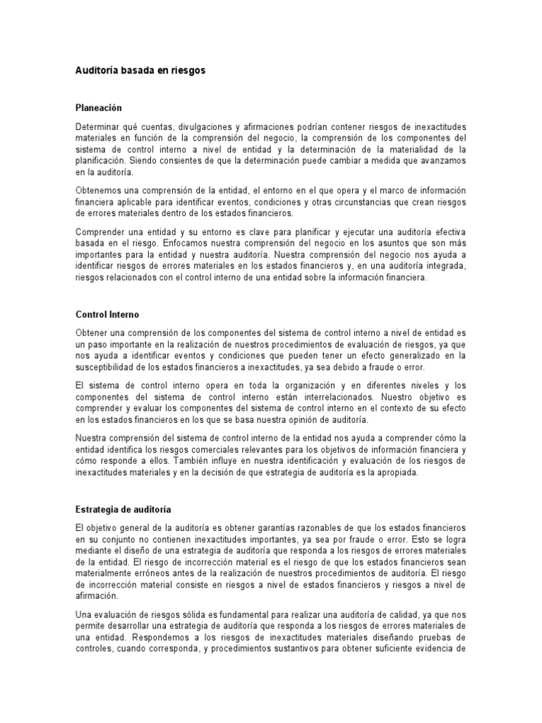 Auditoría Basada En Riesgos Pdf Auditoría Planificación