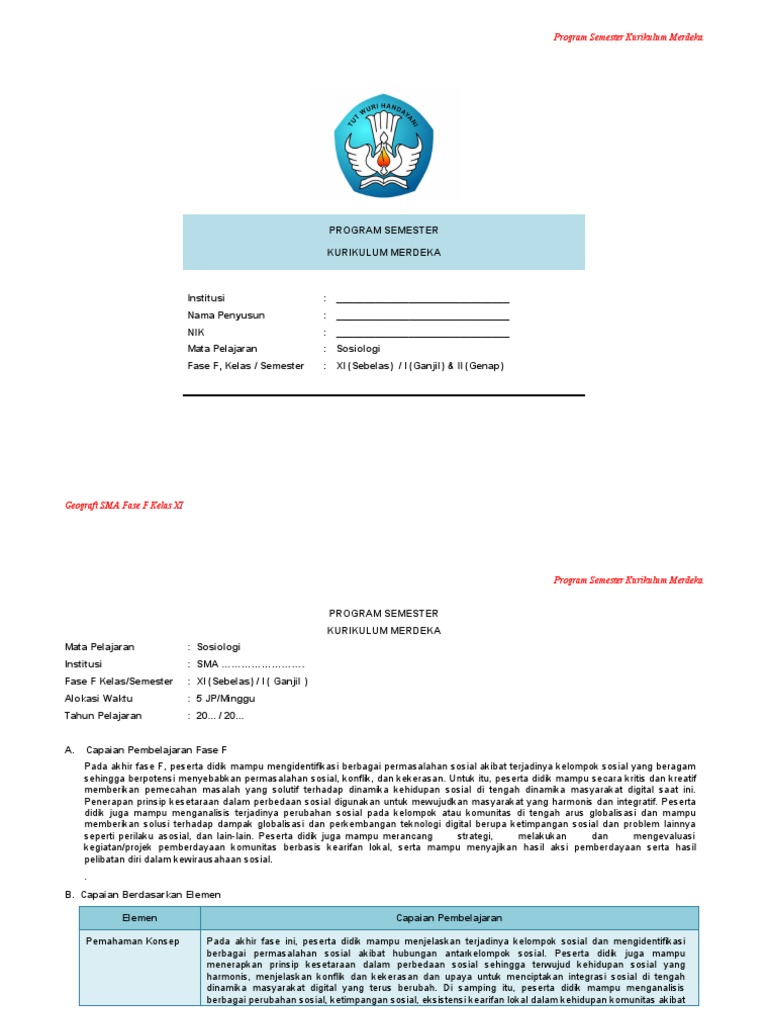 Program Semester Sosiologi SMA Merdeka | PDF