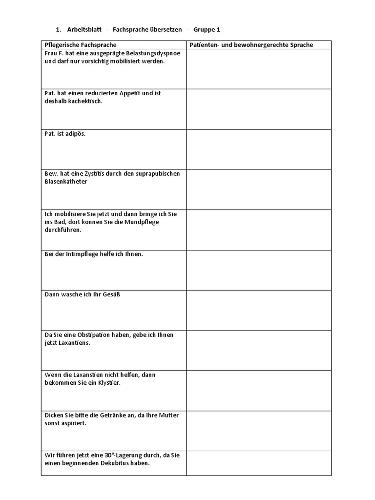 Arbeitsblatt Fachsprache Übersetzen AB Gruppe 1 - 1 | PDF