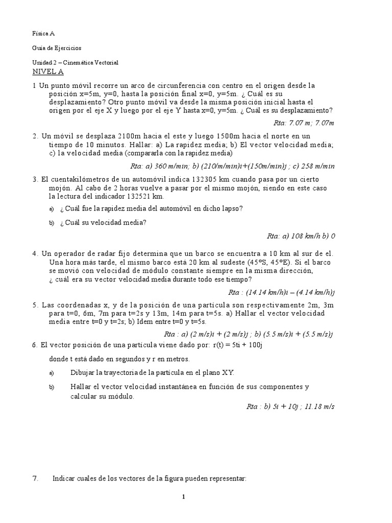 Guía de Ejercicios de Cinemática Vectorial | PDF | Velocidad | Vector ...