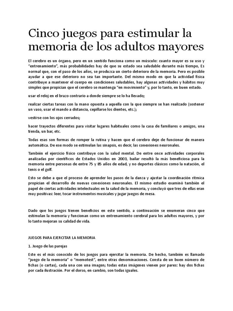 Cinco Juegos para Estimular La Memoria de Los Adultos Mayores | PDF ...