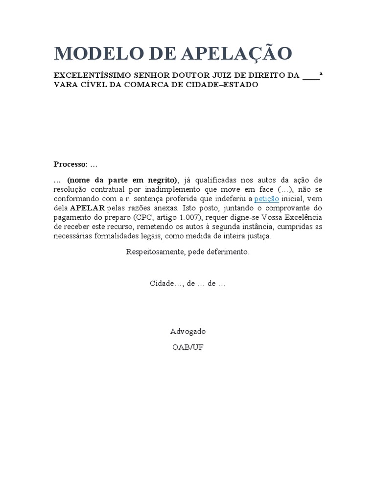 Modelo de Apela+ç+Âo | PDF | Sentença (jurídico) | Ação judicial