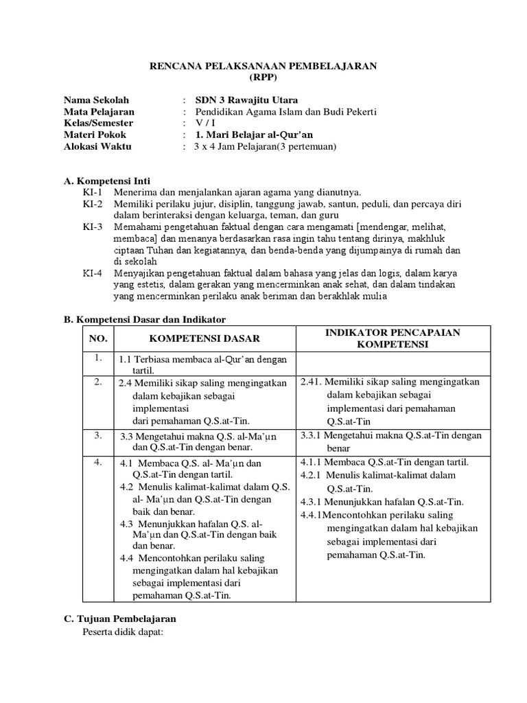 RPP Pembelajaran Q.S. at-Tin SD kelas V | PDF