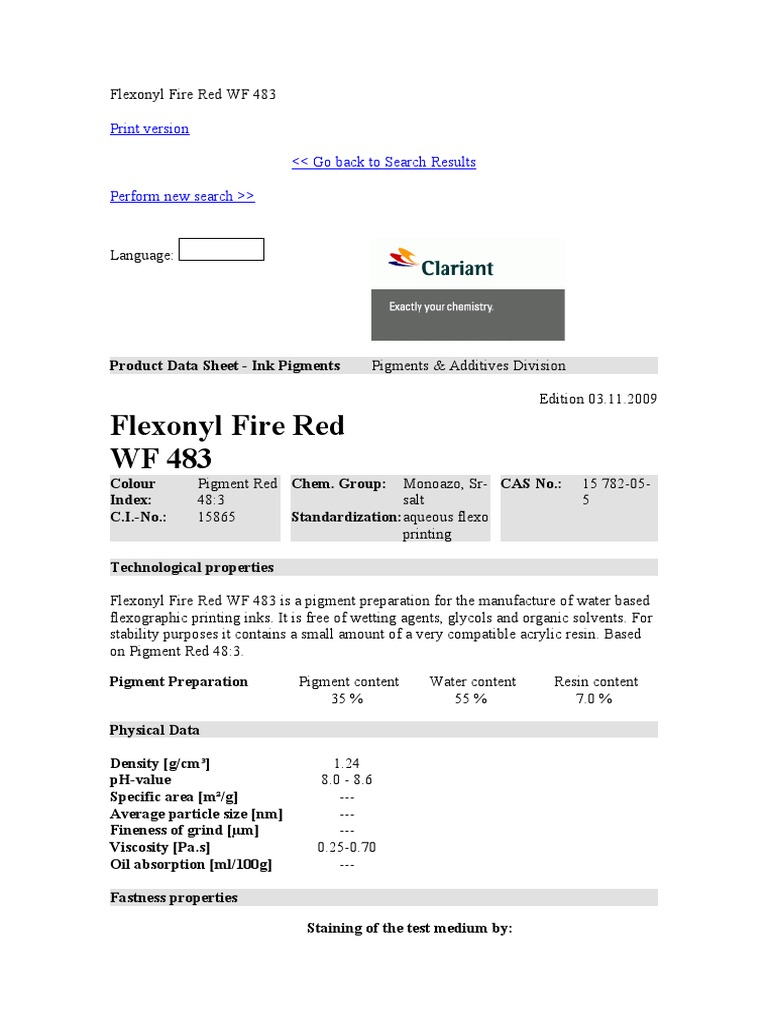 Flexonyl Fire Red WF 483 Data Sheet | PDF | Ink | Ethanol