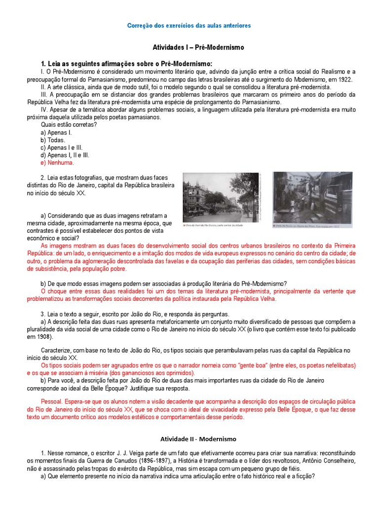 Exercícios sobre Pré-Modernismo | PDF | Sociologia | Realismo (artes)