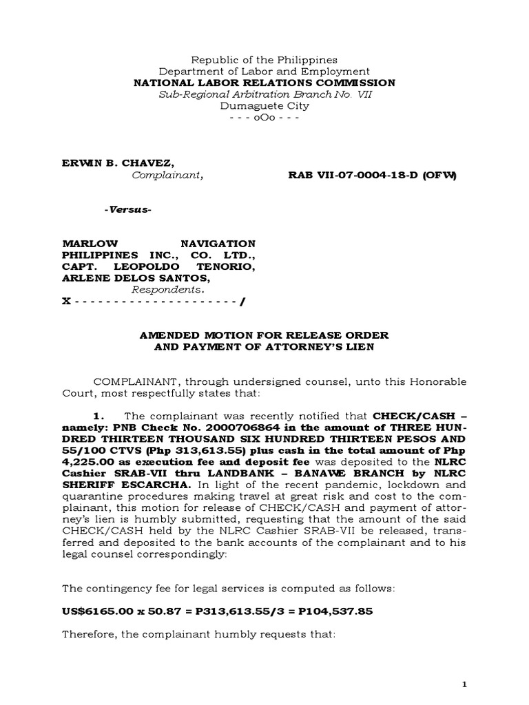 Motion for Release of Attorney's Fees | PDF | Attorney's Fee | Lawyer