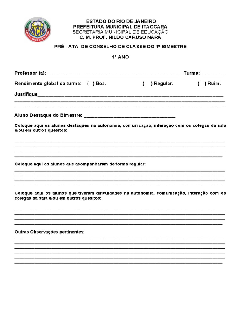 Pré-Ata do Conselho de Classe 1º Bimestre | PDF