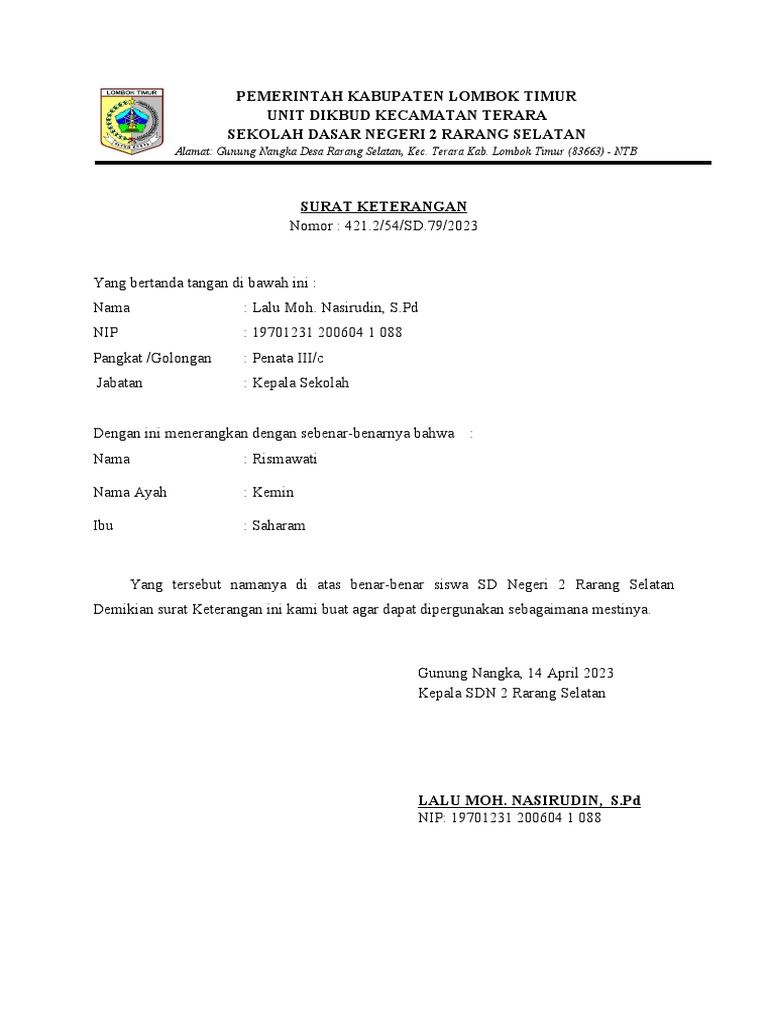 Keterangan Benar Siswa Sekolah Pip 2023 | PDF