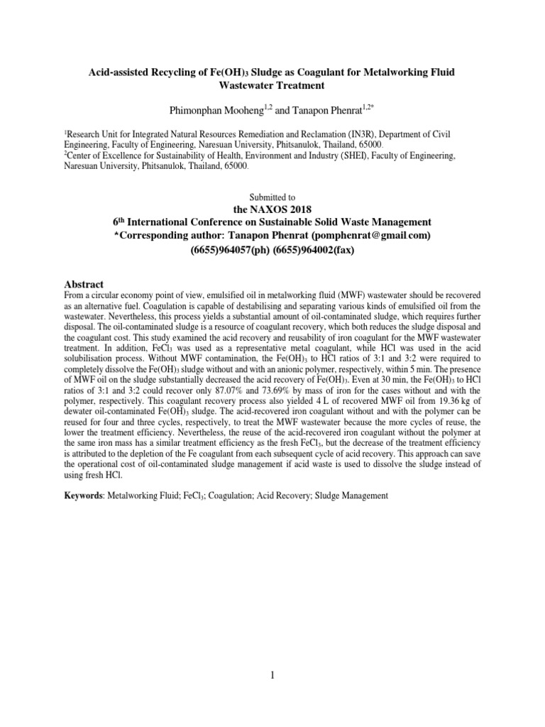 AcidAssisted Recycling of Fe (OH) 3 Sludge As Coagulant For