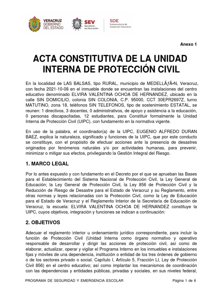Acta Constitutiva UIPC Escuela Elvira Valentina | PDF | Defensa Civil ...