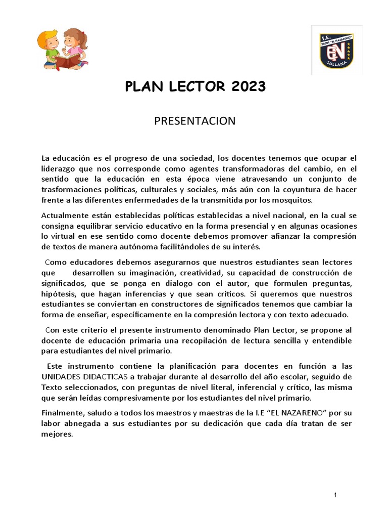 Plan Lector de Primer Grado | PDF | Educación primaria | Cognición