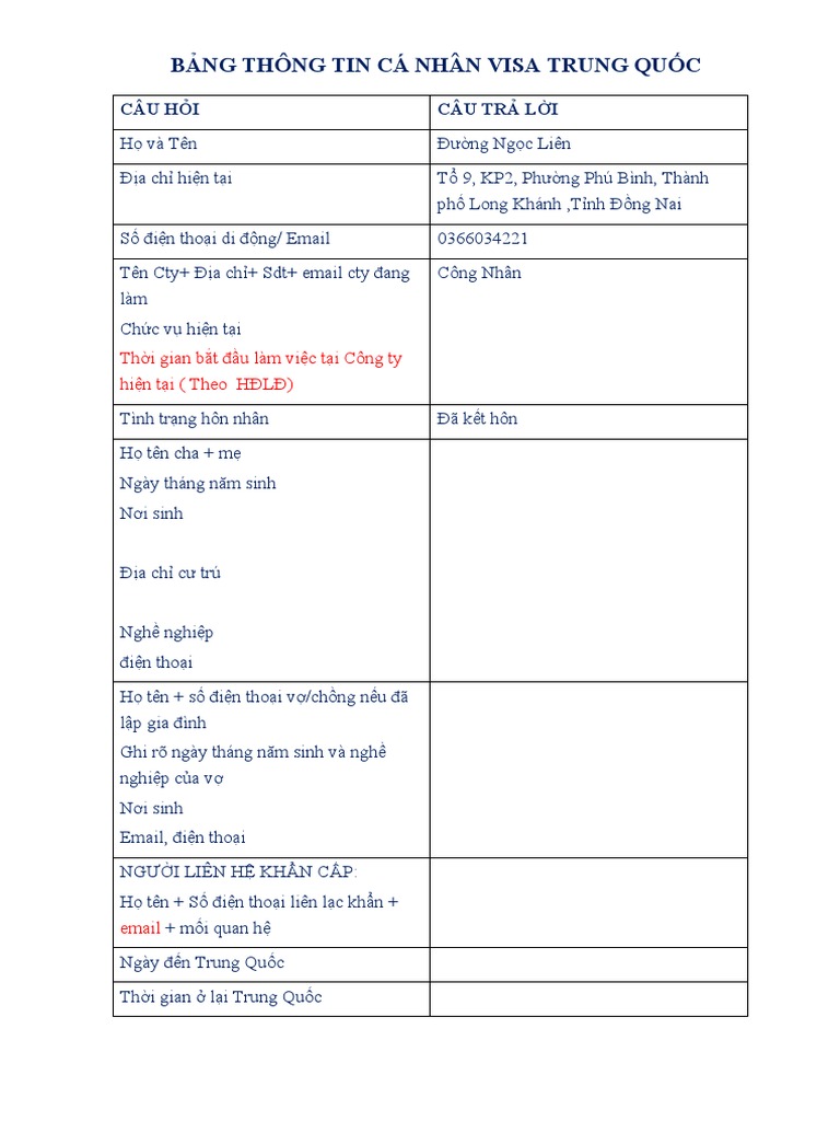 Thong Tin CA Nhan Xin Visa TQ | PDF