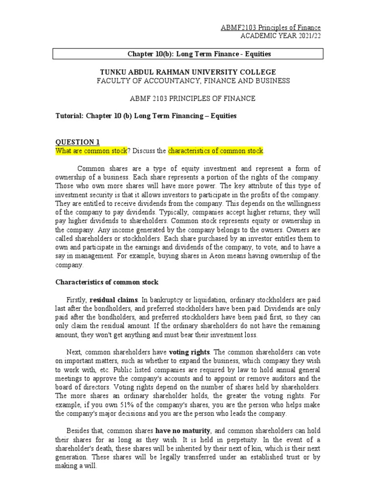 Chapter 10b - Long Term Finance - Equities | PDF | Stocks | Preferred Stock