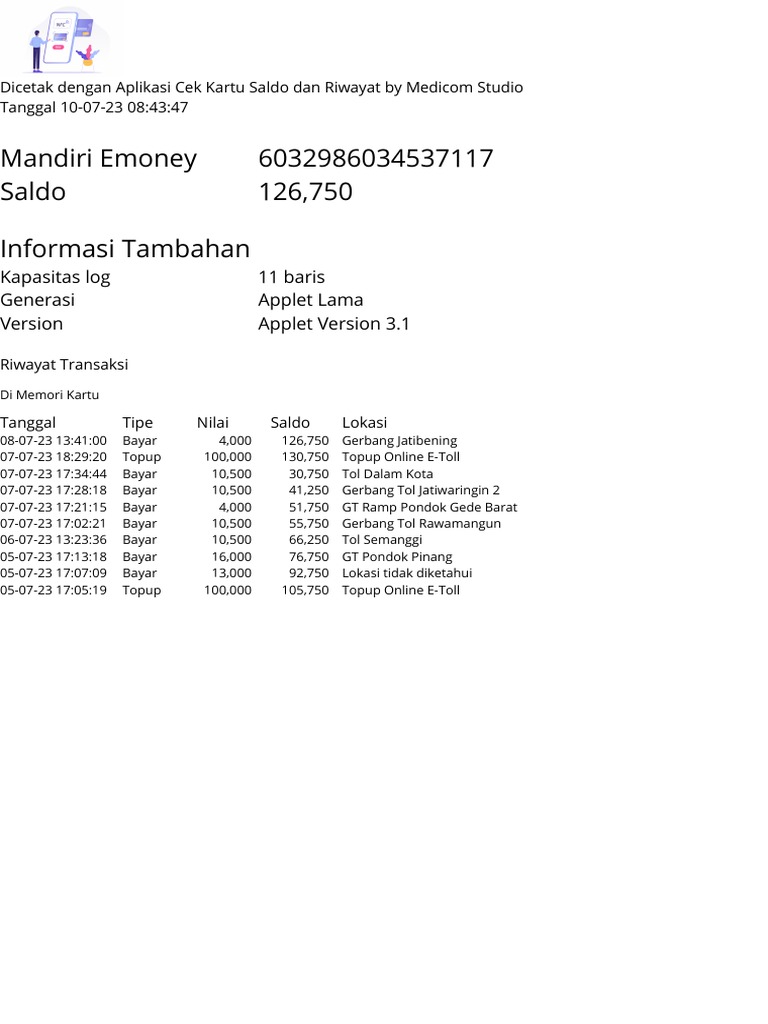 Riwayat Transaksi Mandiri Emoney | PDF
