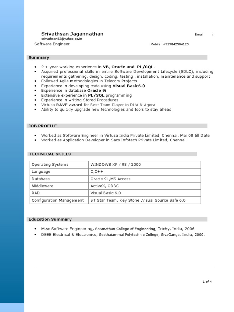 Software Engineer Profile: Srivathsan Jagannathan | PDF | Oracle ...
