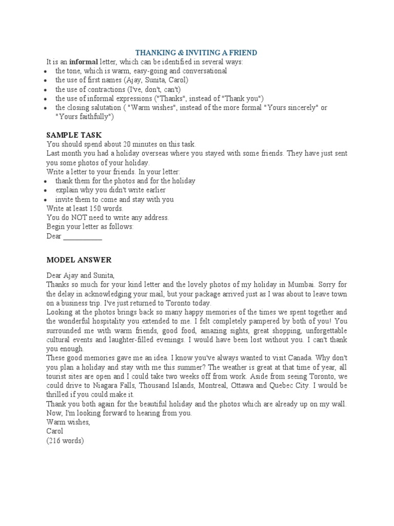 Sample Letter - Informal - Thanking and Inviting A Friend | PDF | Home ...