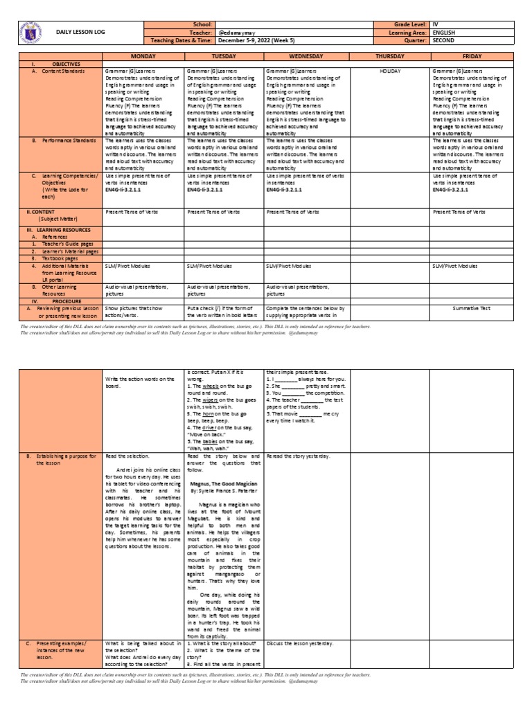 Simple Present Tense Lesson Plan Grade 4 | PDF | Grammatical Number | Verb