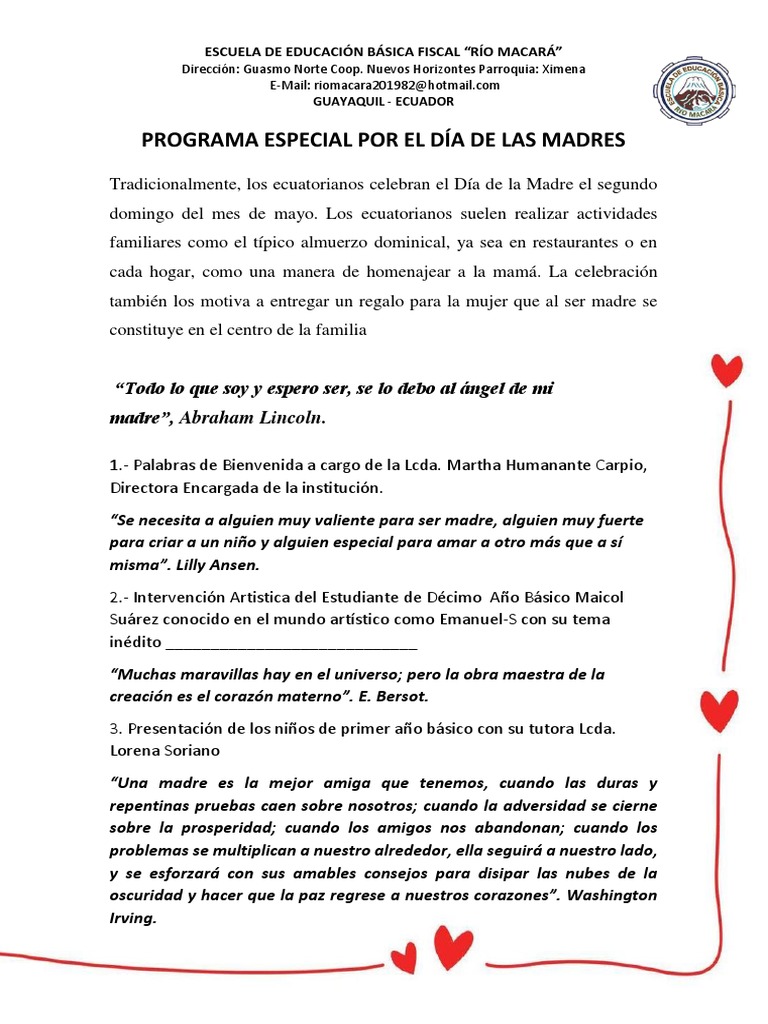 Programa Especial Por El Día de Las Madres | PDF | Salud y bienestar ...
