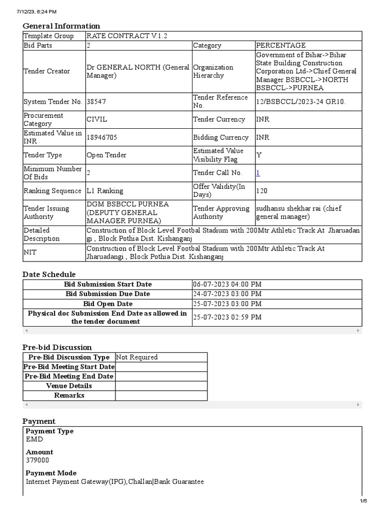 Bihar Tender 6 PDF Economies Payments