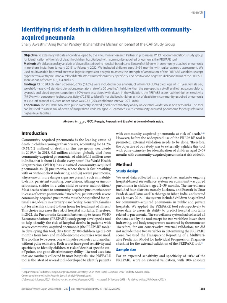 2023 Identifying Risk of Death in Children Hospitalized With Community ...