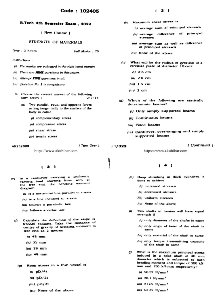 Btech Me 4 Sem Strength of Materials 102405 2022 | PDF