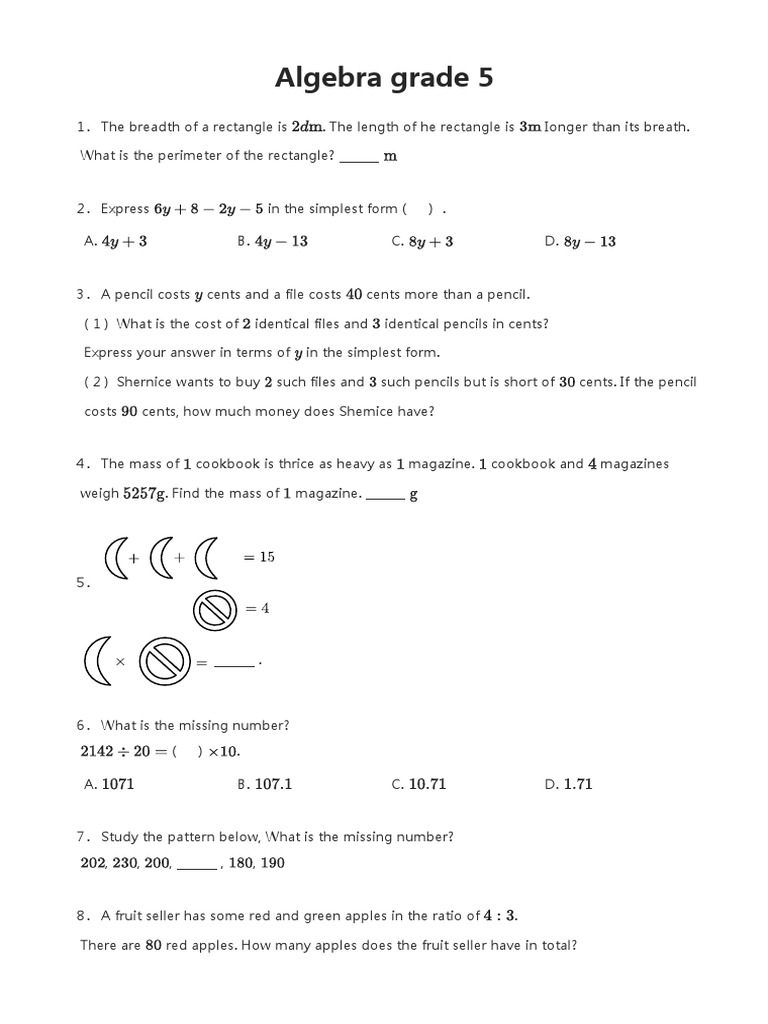 Algebra test grade 5 pdf