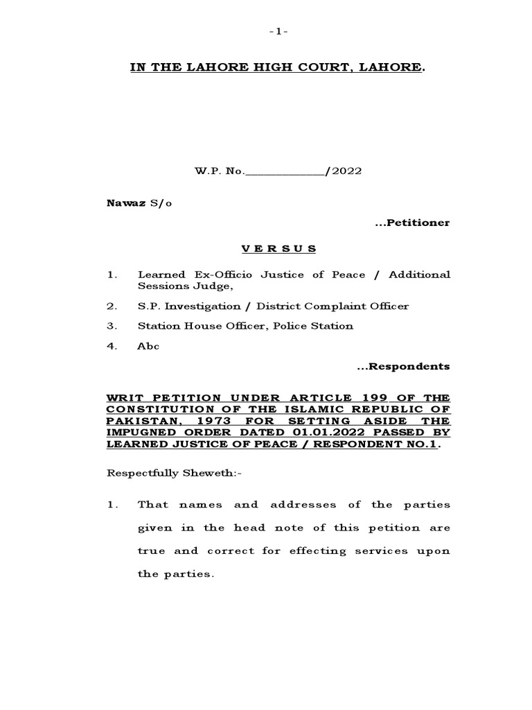 1Writ (Aginst 22A) Specimen Justice of Peace PDF Affidavit