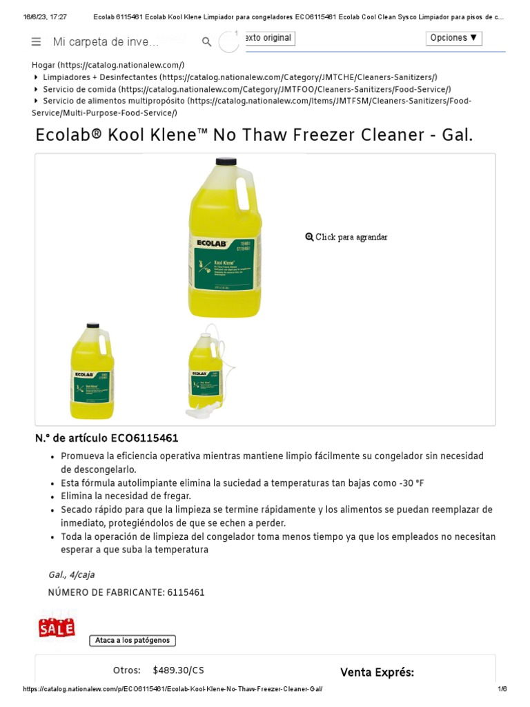 Ecolab 6115461 Ecolab Kool Klene Limpiador para Congeladores ECO6115461