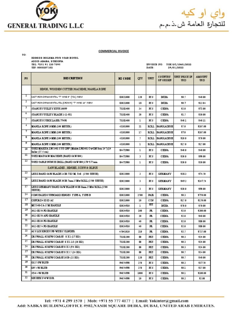 Commercial Invoice: Hings, Wooden Cutter Machine, Manila Rope | PDF ...