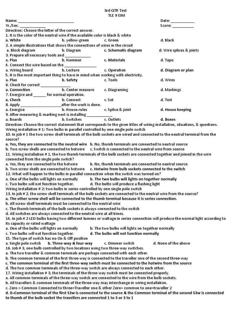 Grade 9 Electrical Wiring Test | PDF | Switch | Series And Parallel ...
