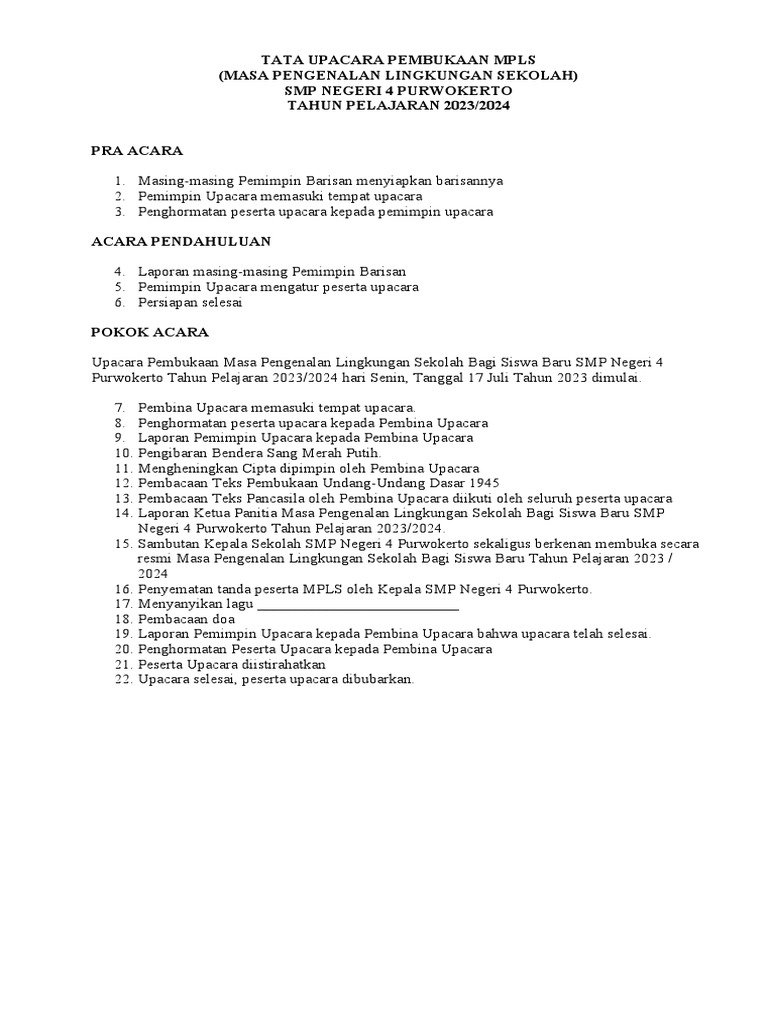 Tata Upacara Pembukaan MPLS SMP 2023 | PDF | Perjalanan
