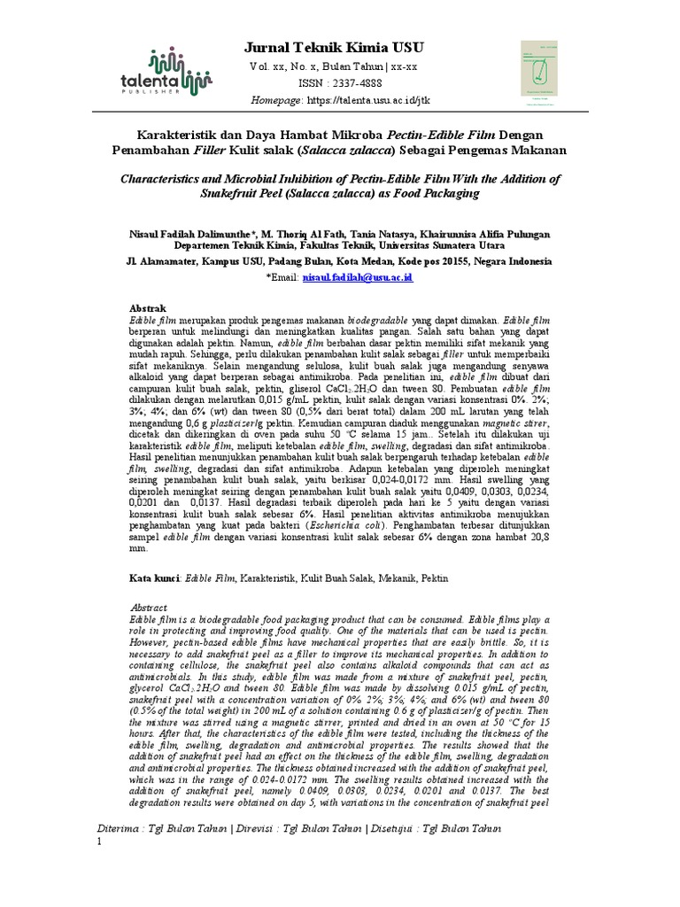 Karakteristik Dan Daya Hambat Mikroba PectinEdible Film Dengan