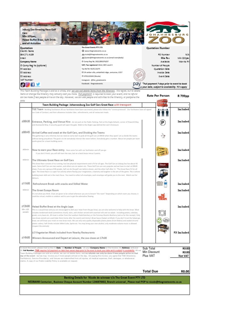 Johannesburg Zoo Team Building Package | PDF | Foods | Food And Drink